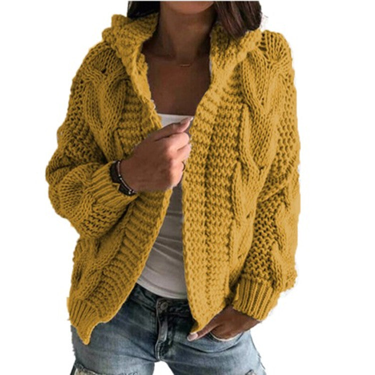 Knitted jacket for women with hood and trendy cable knit pattern Lune London