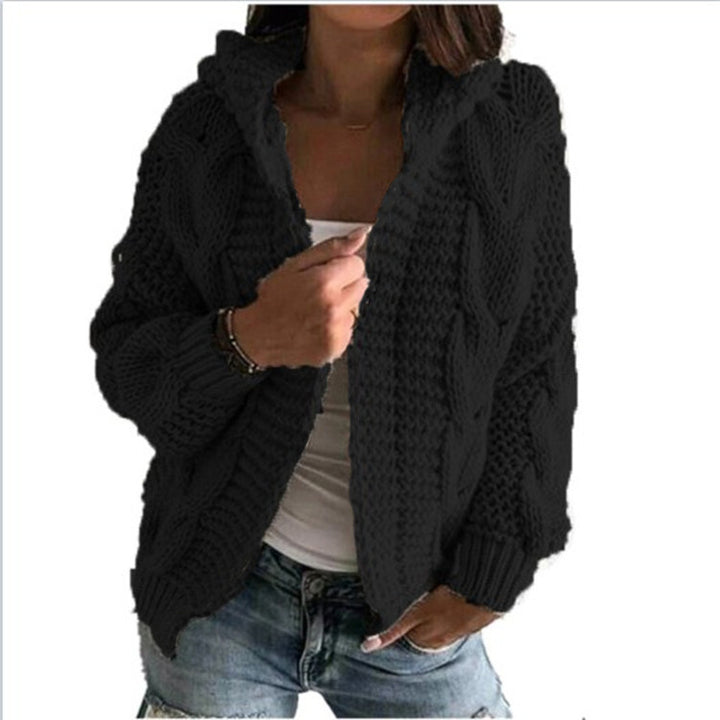 Knitted jacket for women with hood and trendy cable knit pattern Lune London