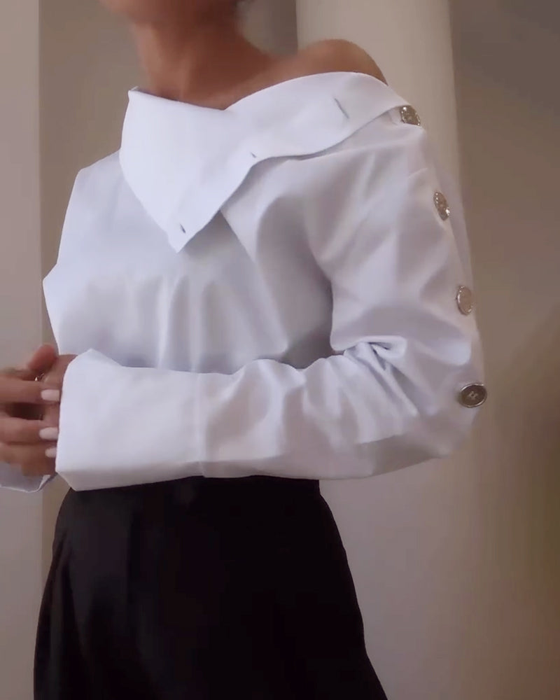 Women’s Cotton-Blend Blouse with Stand-Up Collar & Buckle Detail | Amarae
