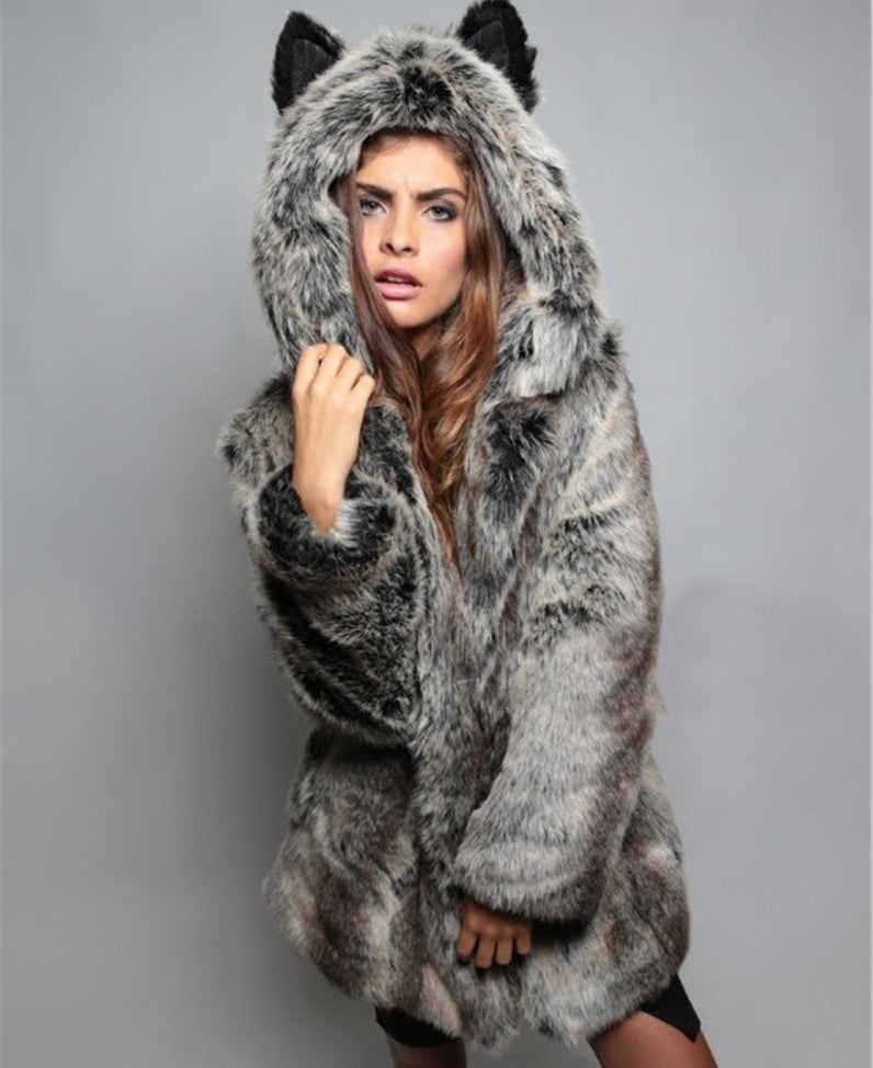 Ladies Cozy Fur Coat with Hood and Cat Ears Lune London