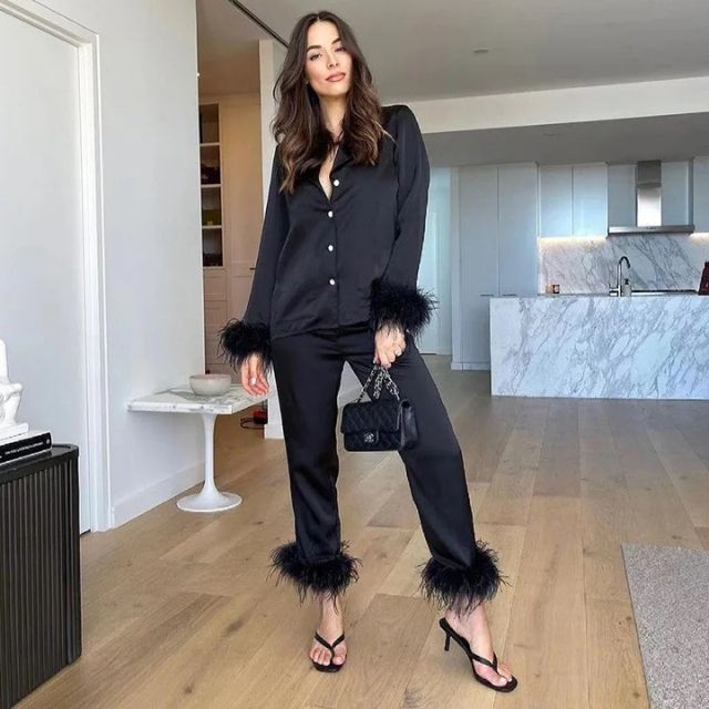Lune London | Silk pajama set with feather trim on the cuffs