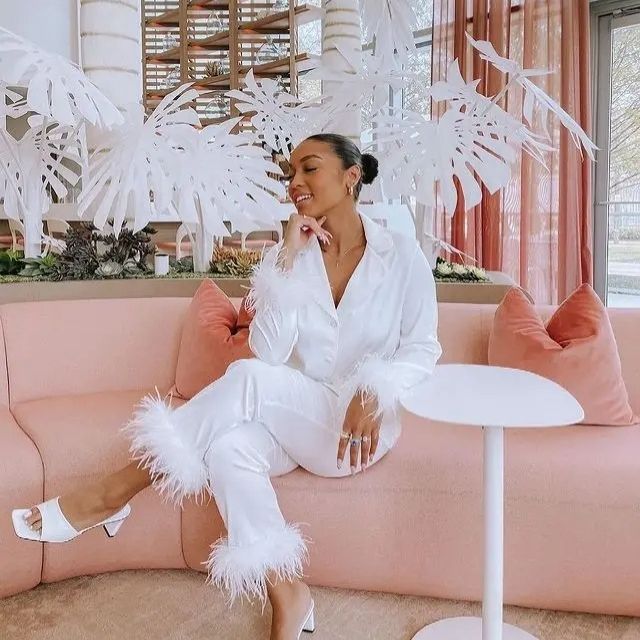Lune London | Silk pajama set with feather trim on the cuffs