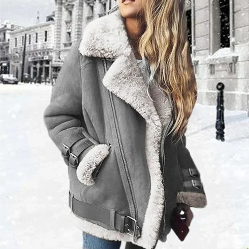 Amarae | Jacket - Oversized Fit - Faux-Suede - Sherpa-Lining - Asymmetrical Zipper
