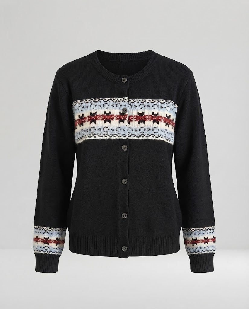 Women cardigan with horizontal intarsia border, round neck and button placket Amarae
