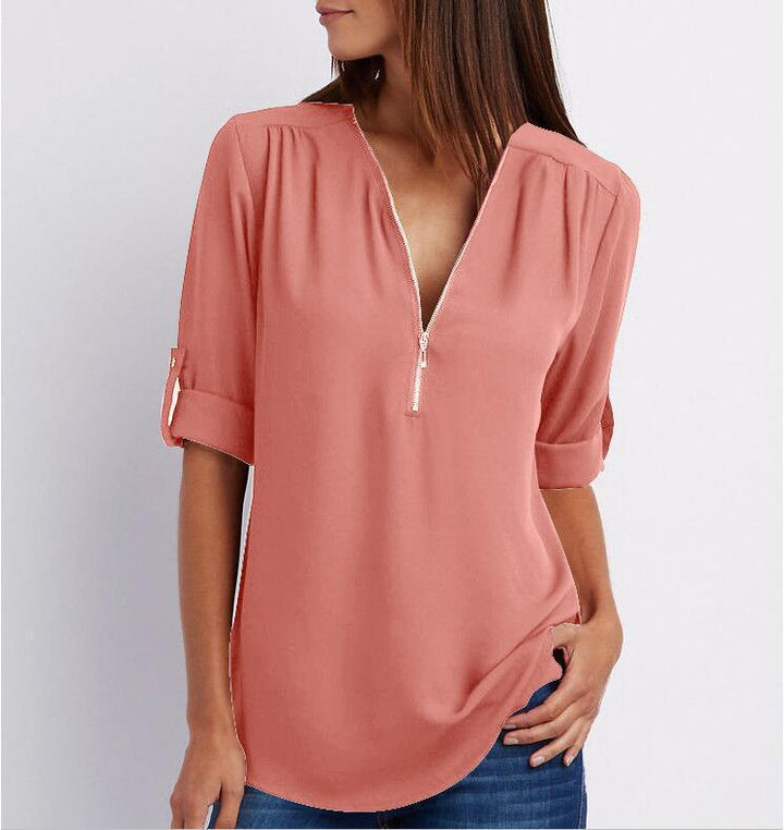 Lune London | Short sleeve shirt with zipper and V-neck - Loose tops