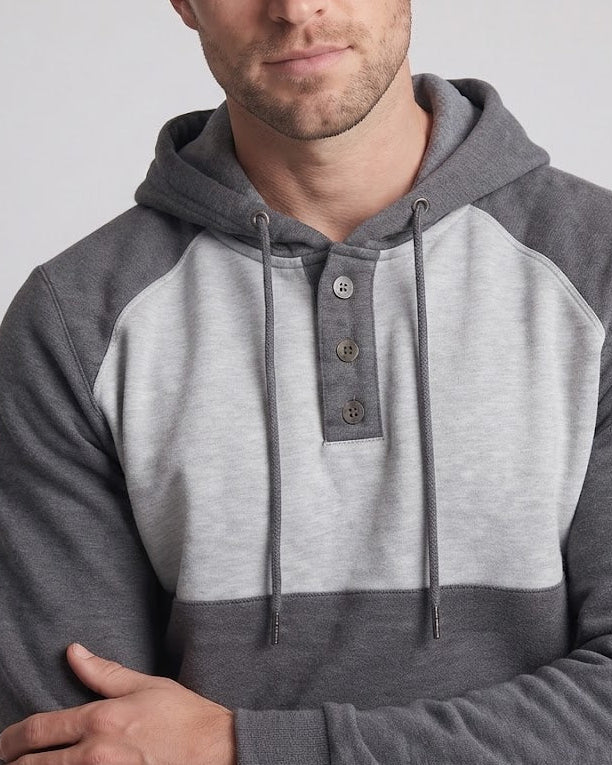 Men's hoodie with snap-button Henley, contrast chest panel and kangaroo pocket Amarae