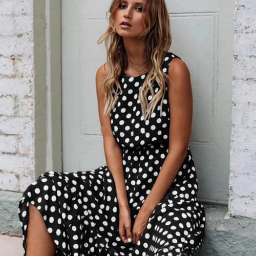 Amarae | Black Polka Dot Midi Dress for a Retro Chic Look
