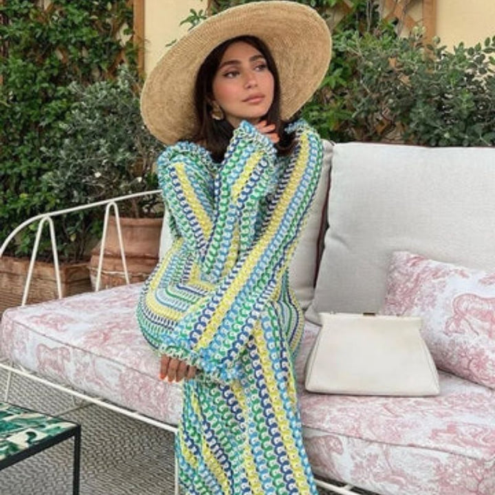 Lune London | Long-Sleeved Crochet Maxidress with Striped Pattern