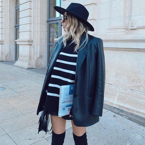 Amarae | Knit Sweater - Oversized Fit - High Collar - Soft Knitted Stripes