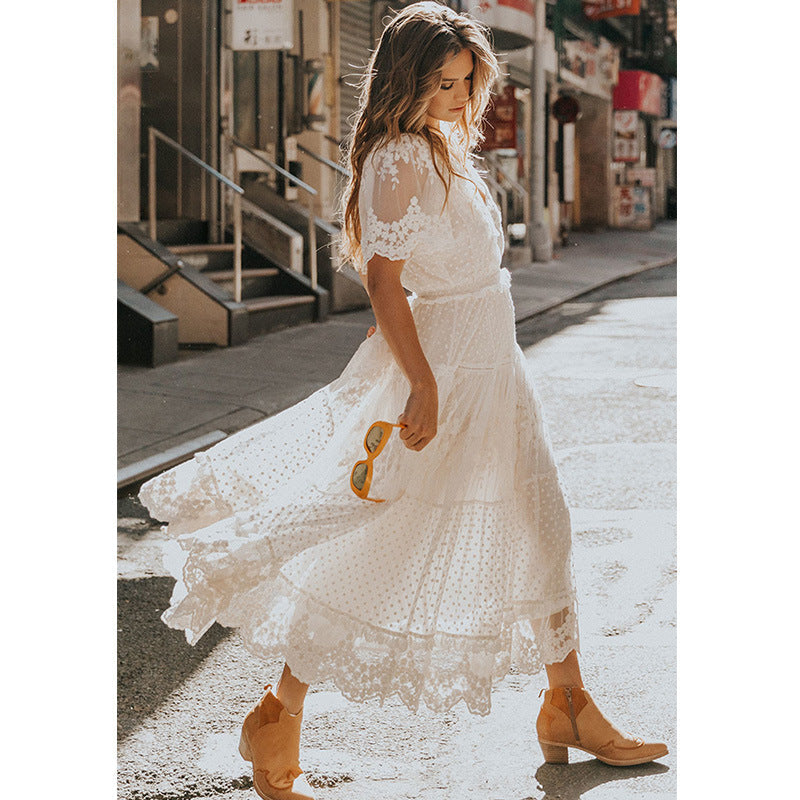 Lune London | Chiffon Lace Short Sleeve Boho V-Neck Maxi Dress