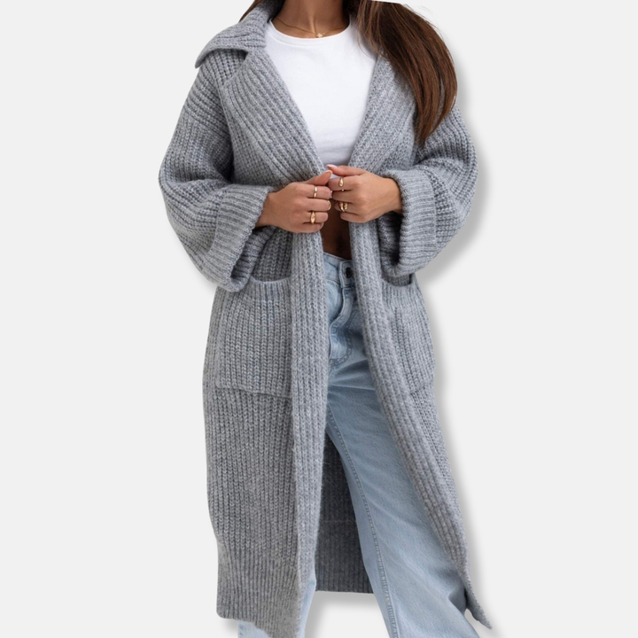 Amarae | Longer knitted coat - Plus size fit - Hood - Ribbed texture - Pockets