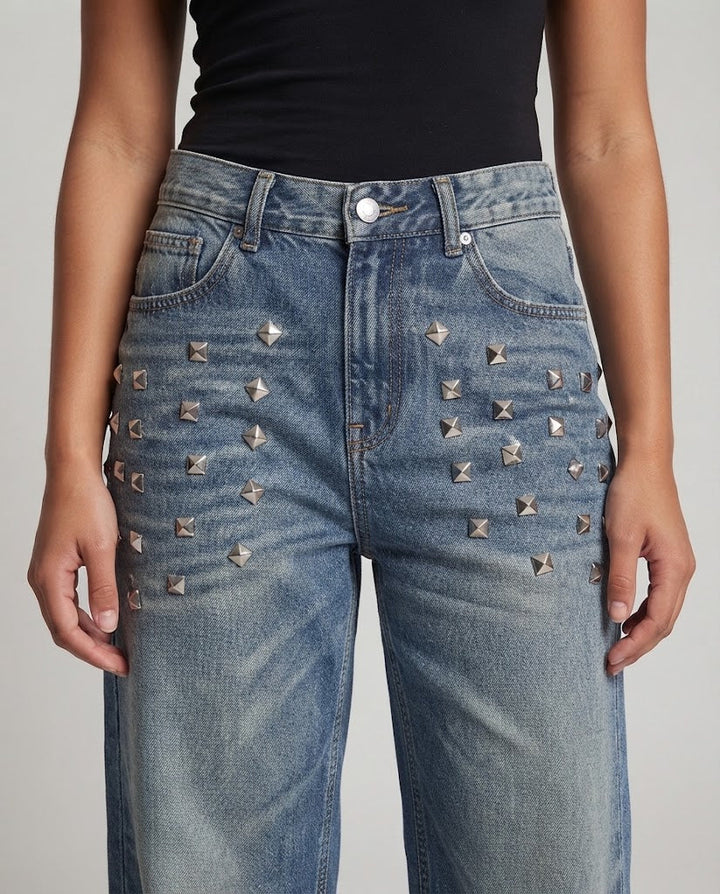 Women's wide baggy jeans with geometric studded detailing and vintage wash Amarae