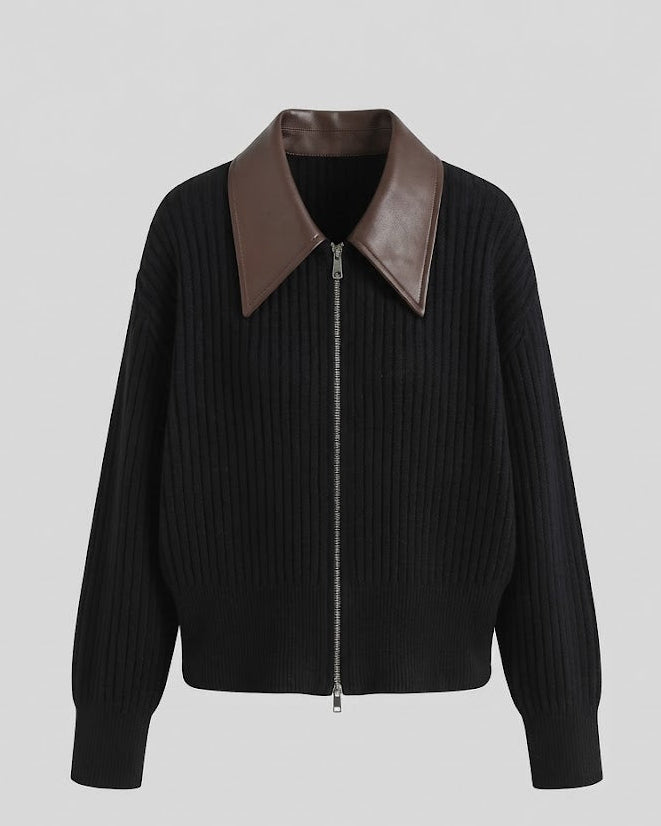 Women's Ribbed Cardigan with Zipper and Contrasting Leather Collar Amarae