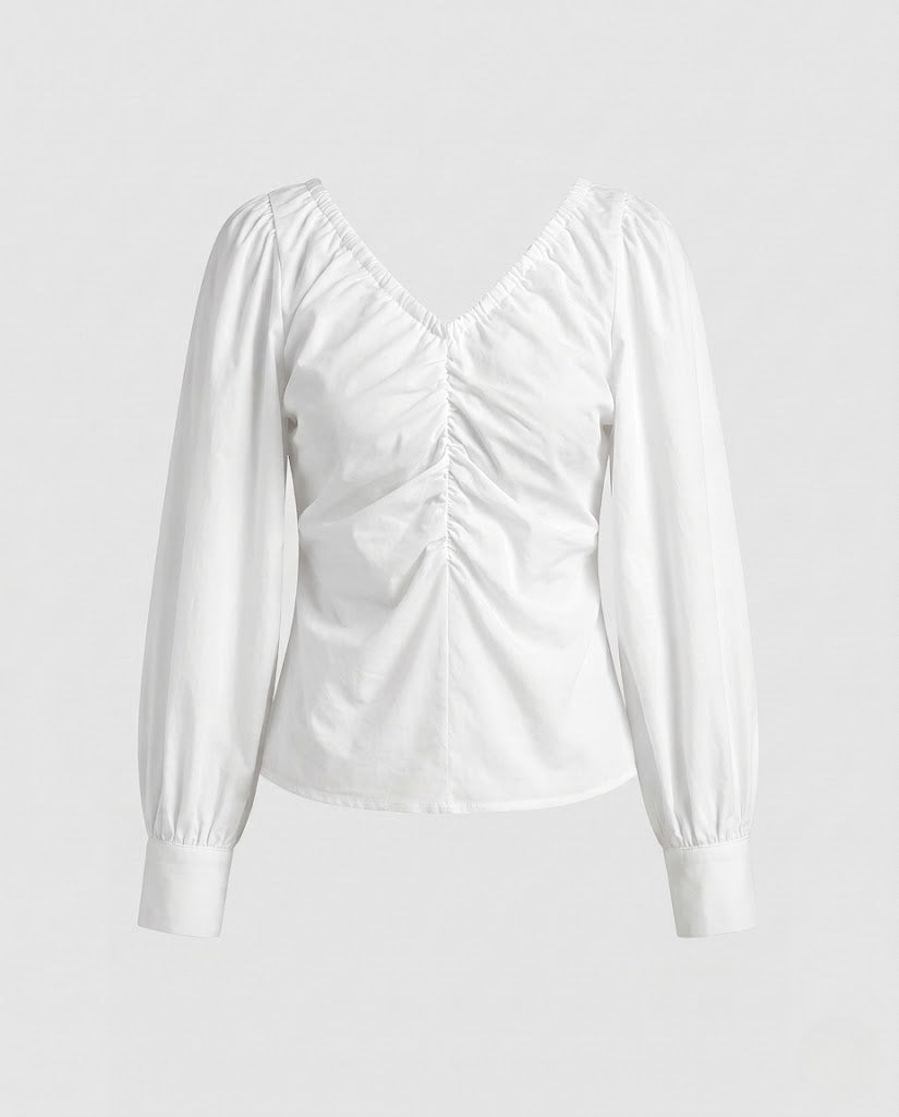 Women's Ruffled V-Neck Puff Sleeve Blouse Shirt with Tailored Gathering Amarae