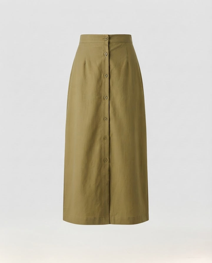 Women's High-waisted Straight Midi Skirt with Continuous Button Placket and Front Slit Amarae