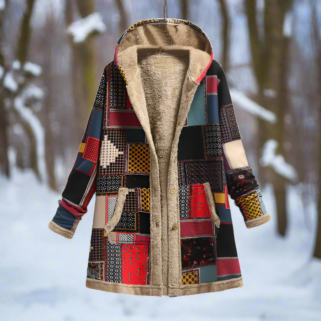 Lune London | Longer Patchwork Coat - Lined with Fleece - Hood & Button Closure - Casual Look