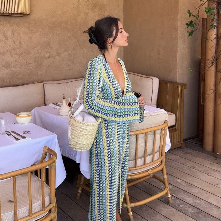 Lune London | Long-Sleeved Crochet Maxidress with Striped Pattern