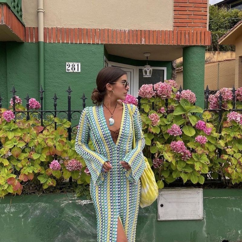 Lune London | Long-Sleeved Crochet Maxidress with Striped Pattern