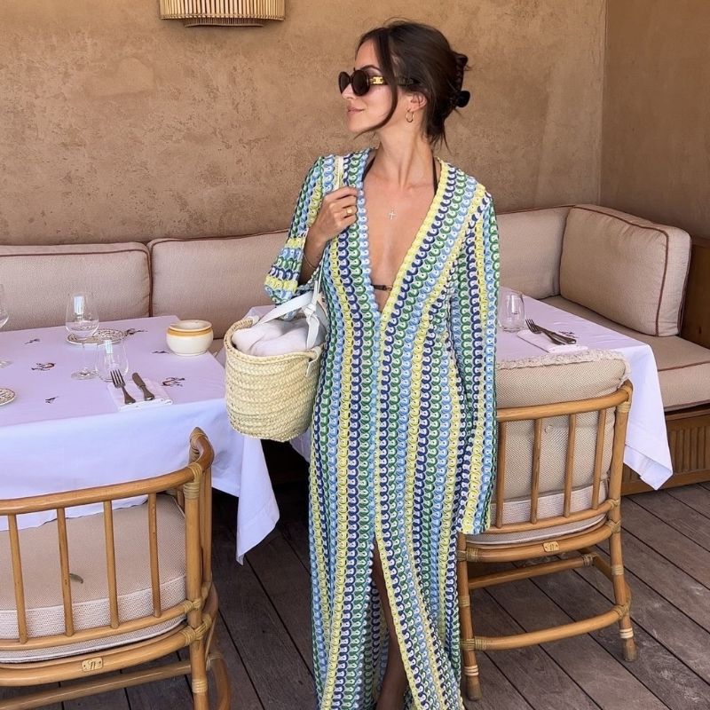 Lune London | Long-Sleeved Crochet Maxidress with Striped Pattern