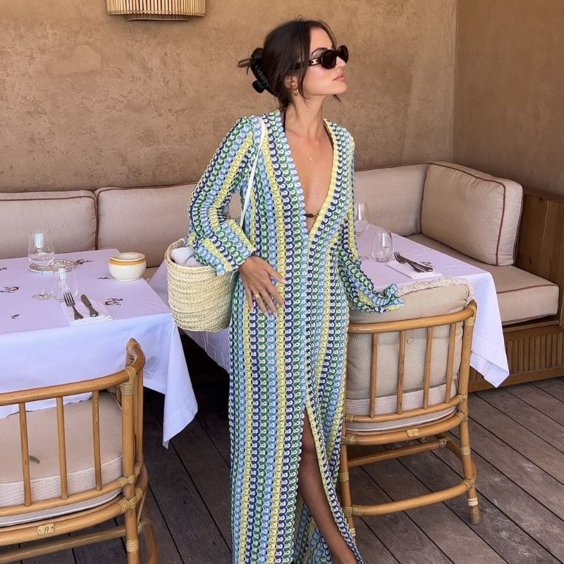 Lune London | Long-Sleeved Crochet Maxidress with Striped Pattern