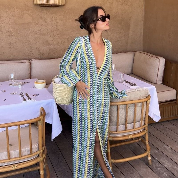 Lune London | Long-Sleeved Crochet Maxidress with Striped Pattern