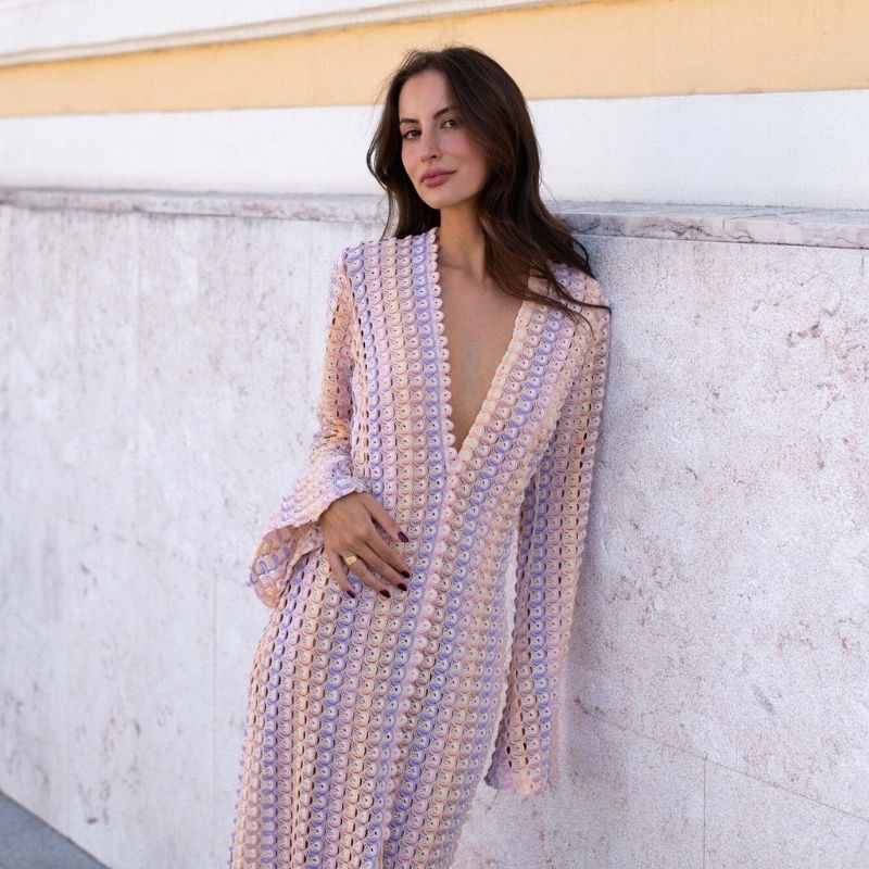 Lune London | Long-Sleeved Crochet Maxidress with Striped Pattern