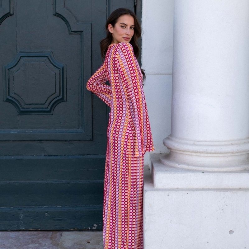 Lune London | Long-Sleeved Crochet Maxidress with Striped Pattern