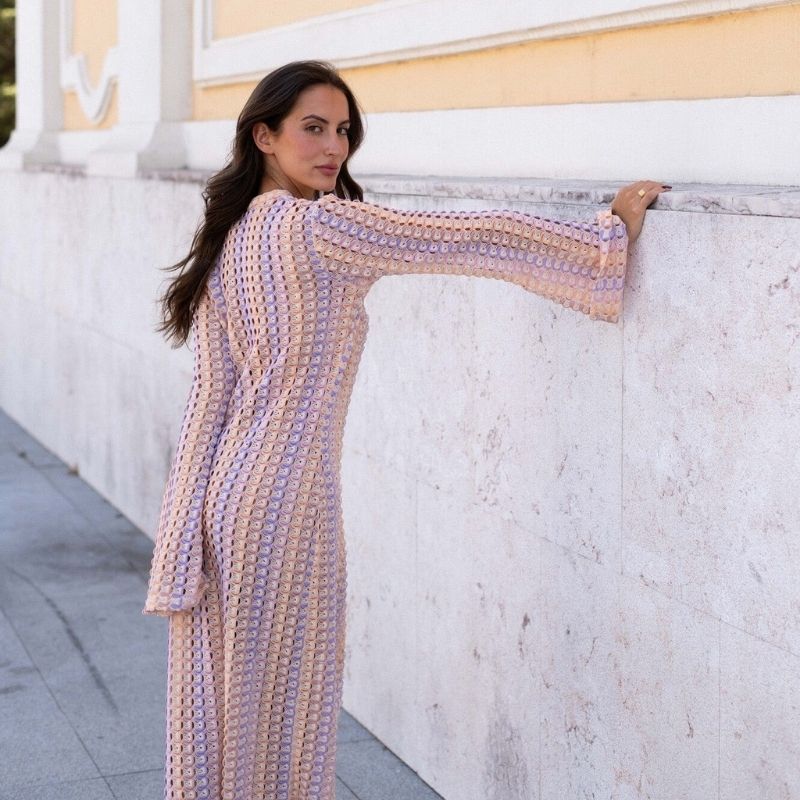 Lune London | Long-Sleeved Crochet Maxidress with Striped Pattern