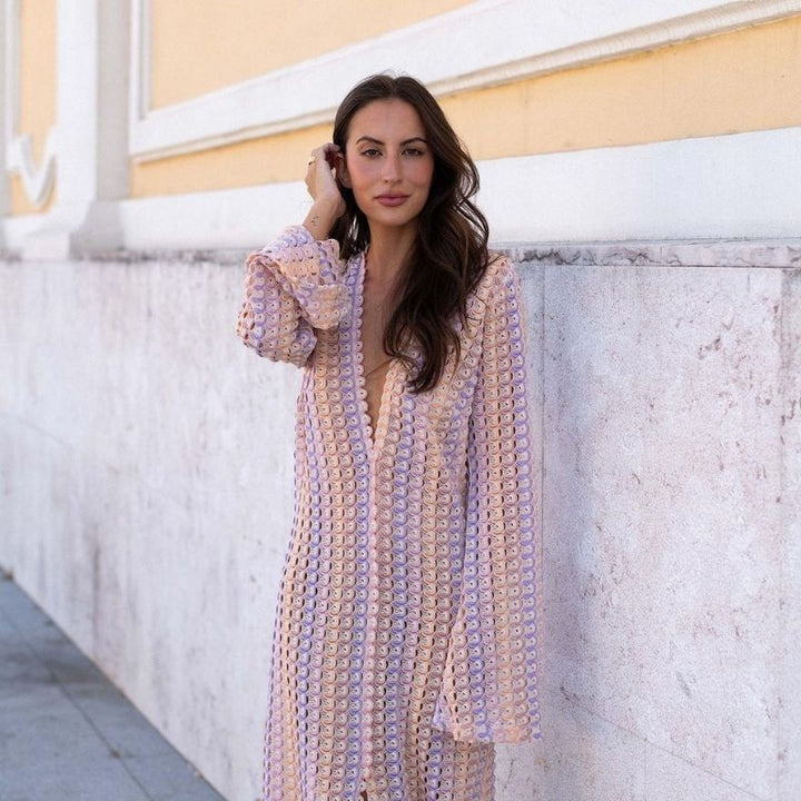 Lune London | Long-Sleeved Crochet Maxidress with Striped Pattern