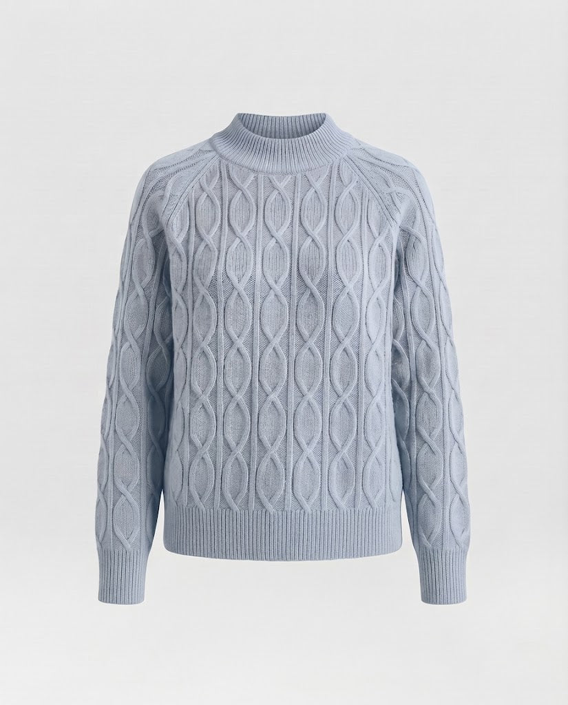 Women's fine knit pullover with cable pattern and standing collar Amarae