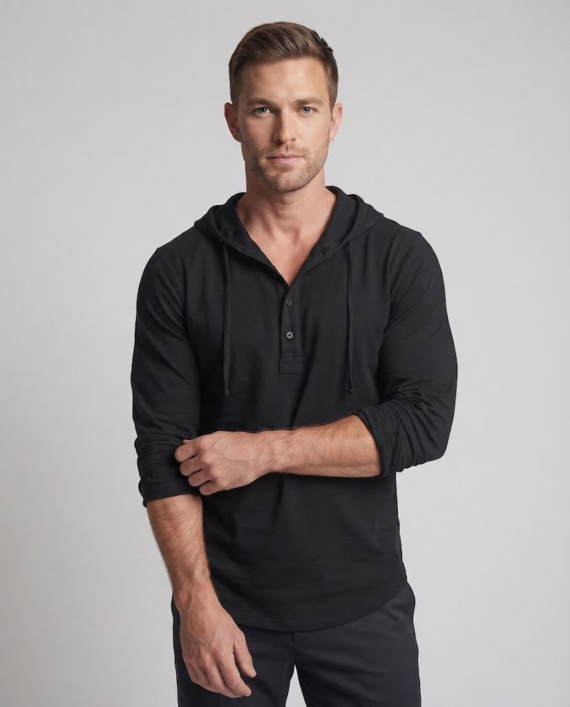 Men's Lightweight Hooded Henley Shirt with Half Placket and Drawstring Amarae