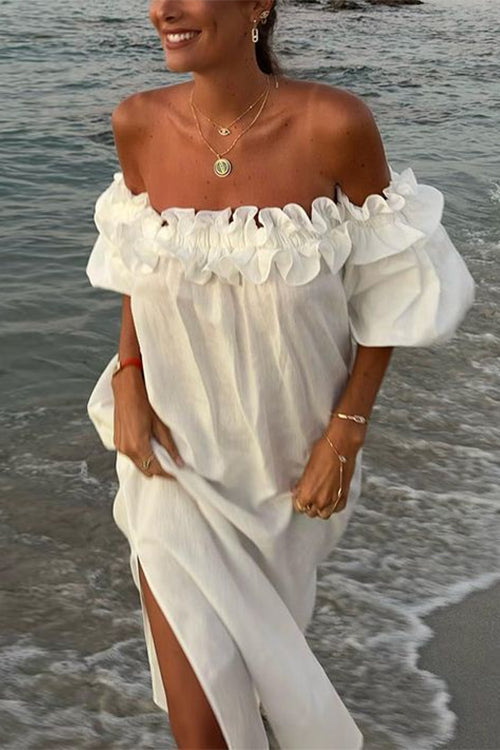 Lune London | Rosiedress Off Shoulder Ruffle Trim Split Cotton Linen Maxi Vacation Dress