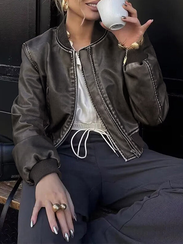 Amarae | Solid Color Leather Bomber Jacket