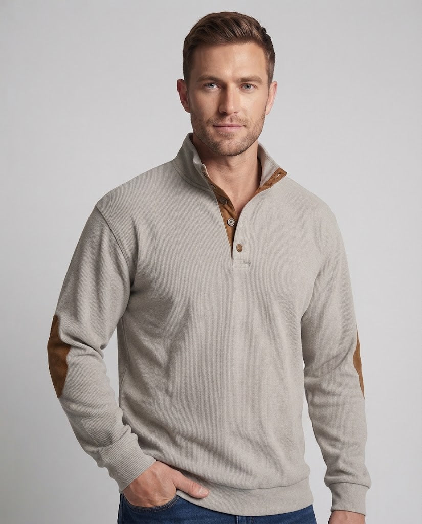 Men's fine structured troyer with applied button placket and suede elbow patches Amarae