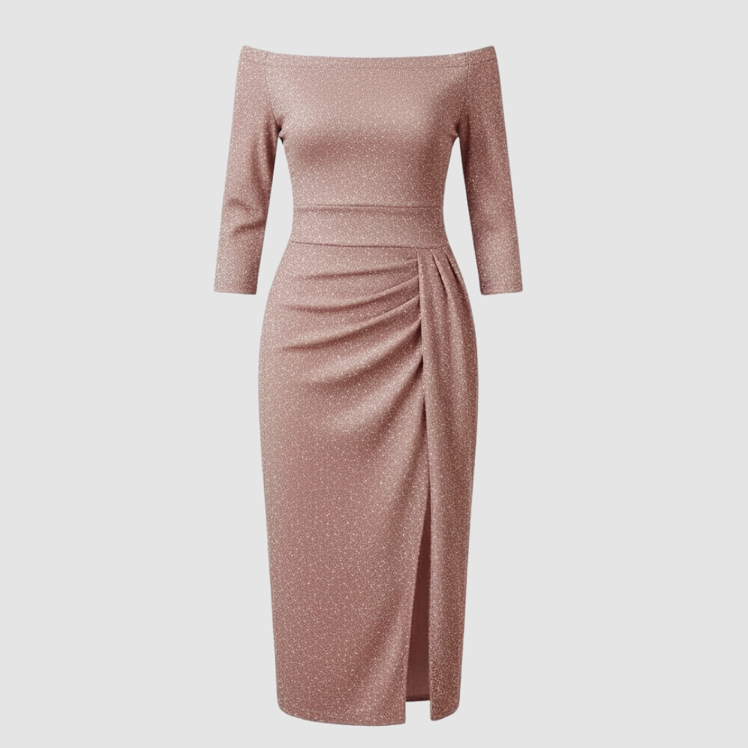 Elegant Wedding Guest Dress Off Shoulder Long Satin | Amarae