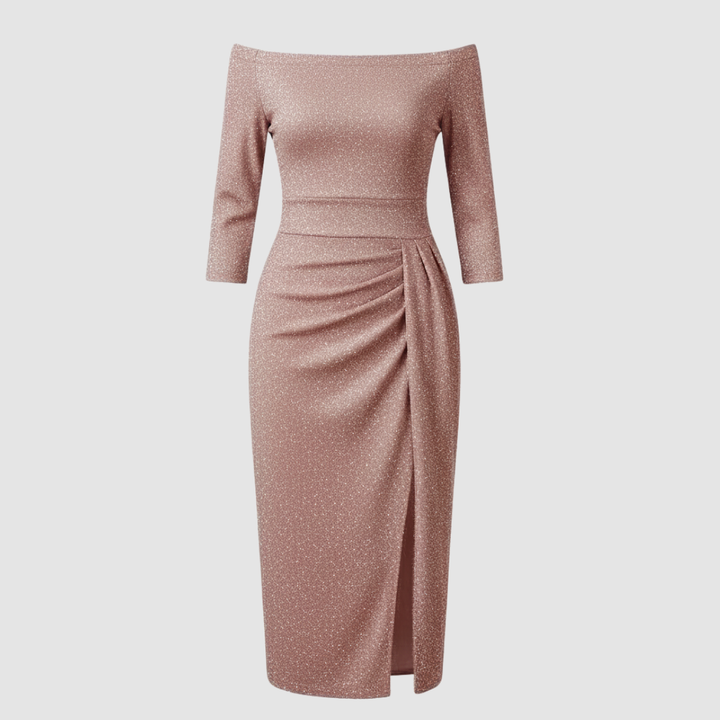 Elegant Wedding Guest Dress Off Shoulder Long Satin | Amarae
