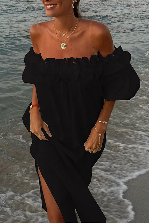 Lune London | Rosiedress Off Shoulder Ruffle Trim Split Cotton Linen Maxi Vacation Dress