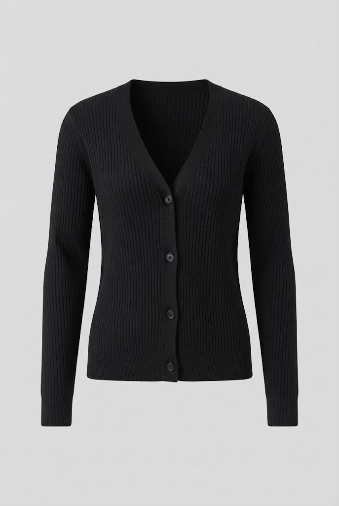 Women's lightweight ribbed knit cardigan with V-neck, fine textured relief and button placket Amarae