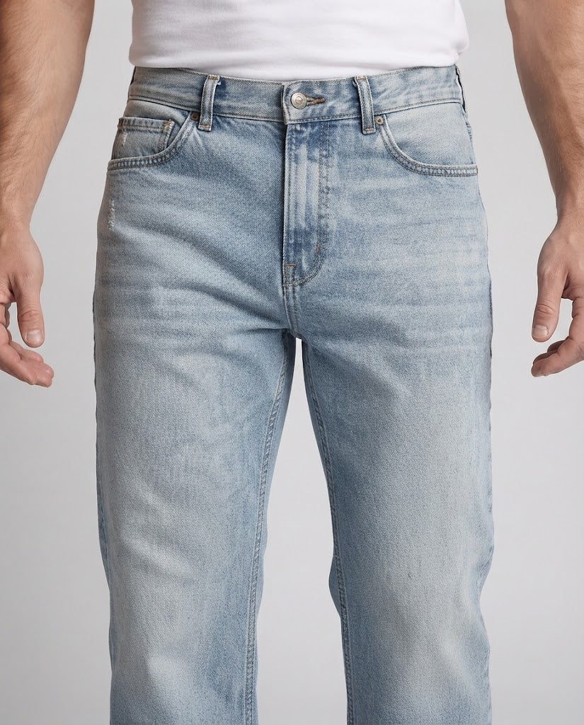 Men's loosely cut denim pants with extra wide legs and light used wash Amarae