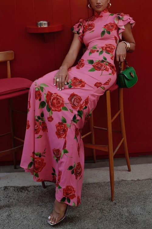 Lune London | Ruffled Sleeves Rose Pattern Maxi Cheongsam Dress