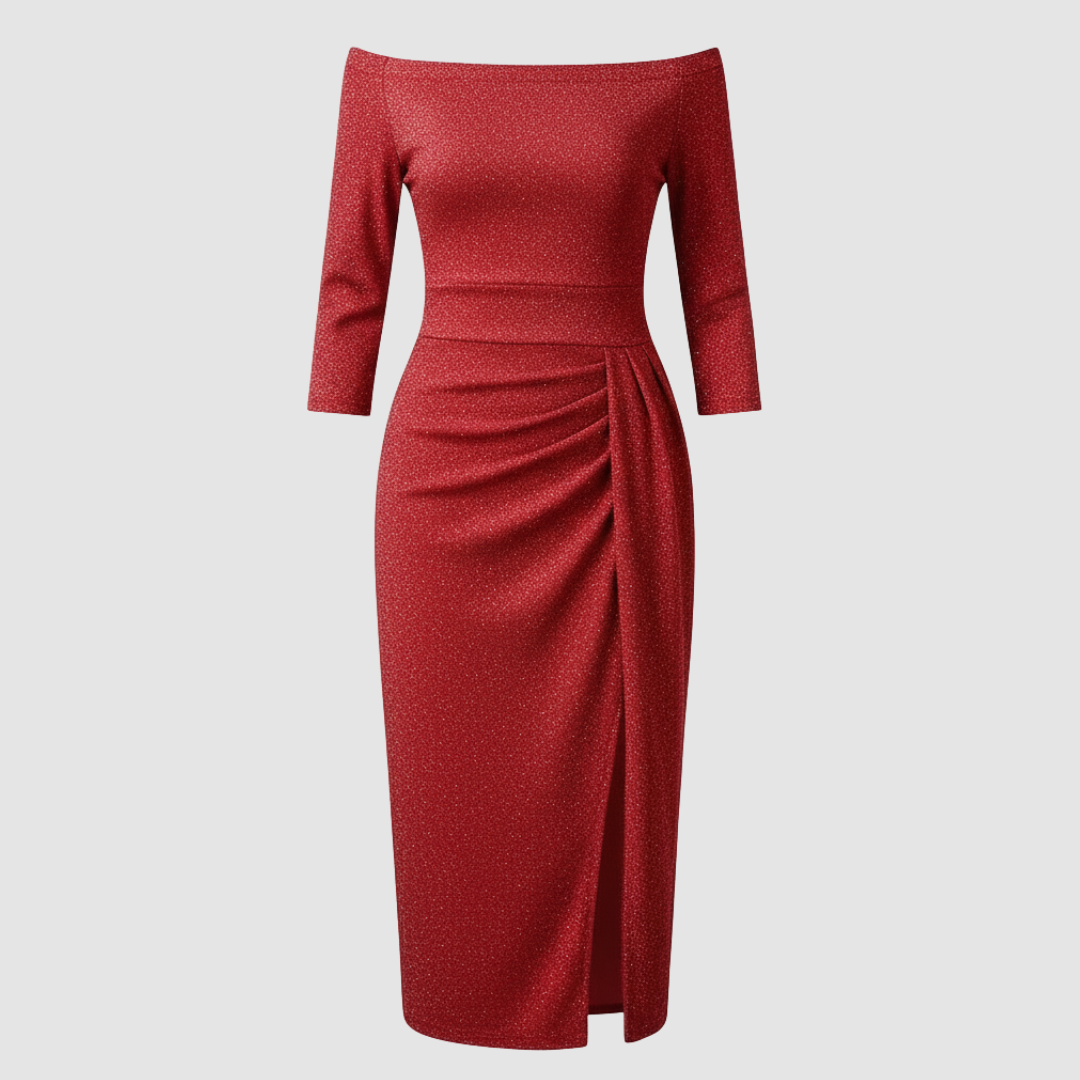 Elegant Wedding Guest Dress Off Shoulder Long Satin | Amarae