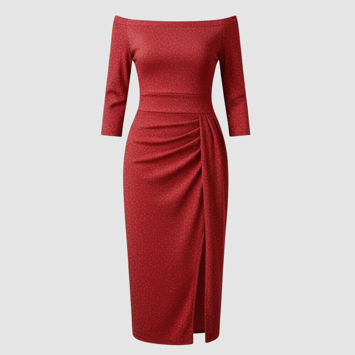 Elegant Wedding Guest Dress Off Shoulder Long Satin | Amarae