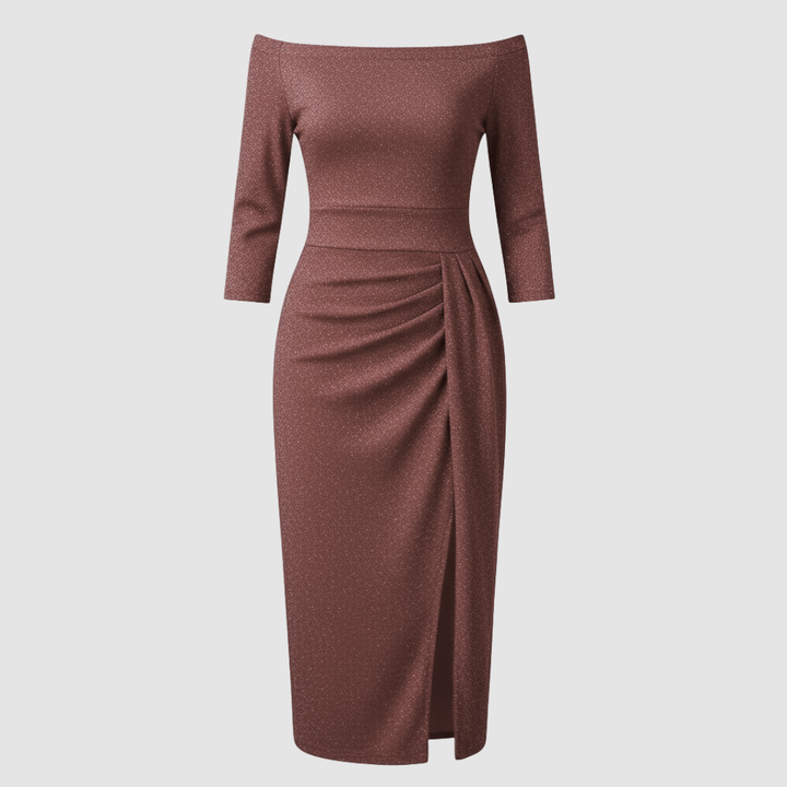 Elegant Wedding Guest Dress Off Shoulder Long Satin | Amarae