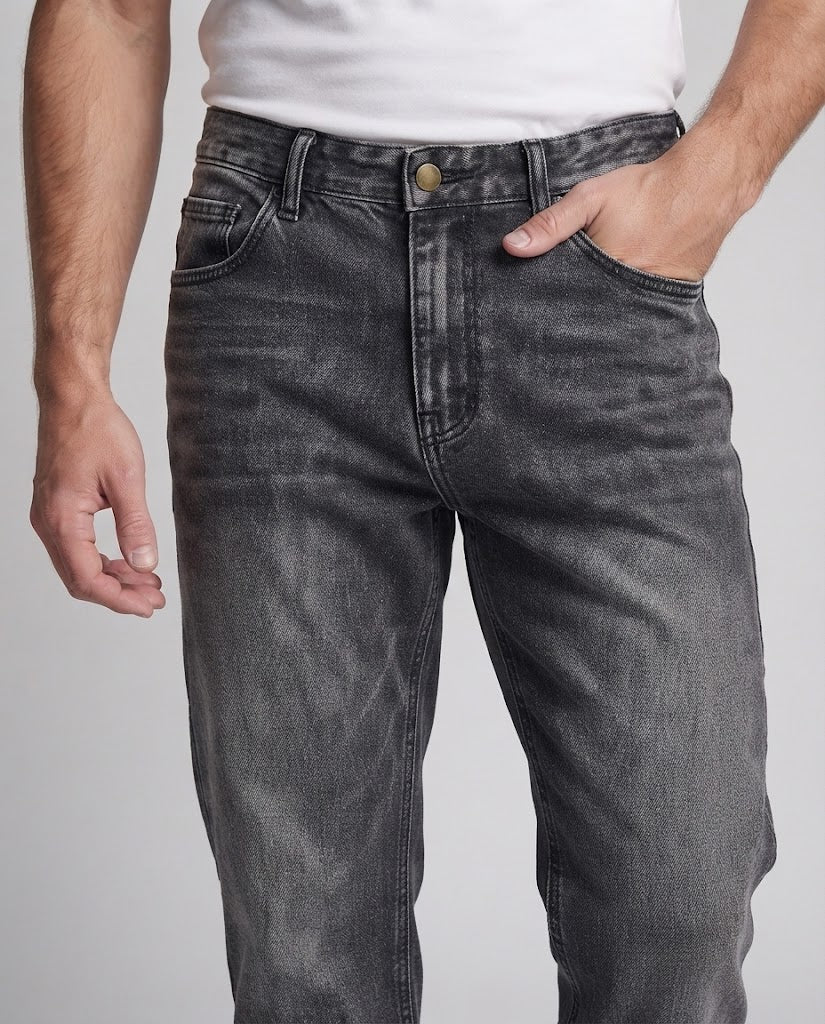 Men's Relaxed Denim Jeans with extra wide leg, Charcoal Wash and extended hem Amarae