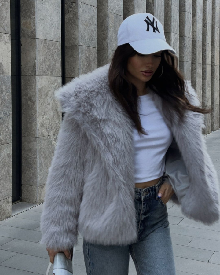 Women’s Faux Fur Jacket with Foldable Collar & Long Sleeves | Amarae
