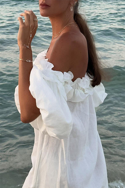 Lune London | Rosiedress Off Shoulder Ruffle Trim Split Cotton Linen Maxi Vacation Dress