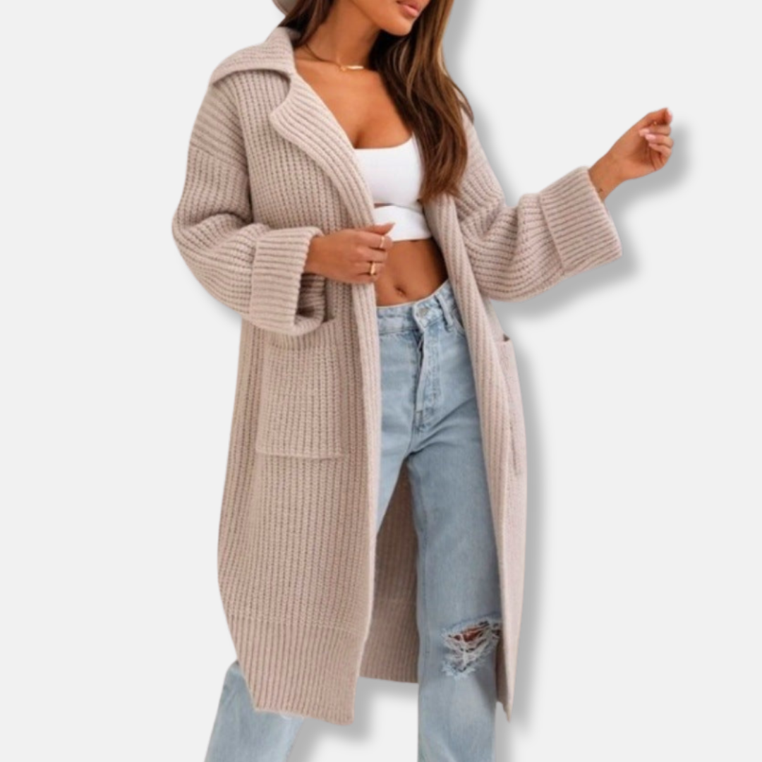 Amarae | Longer knitted coat - Plus size fit - Hood - Ribbed texture - Pockets