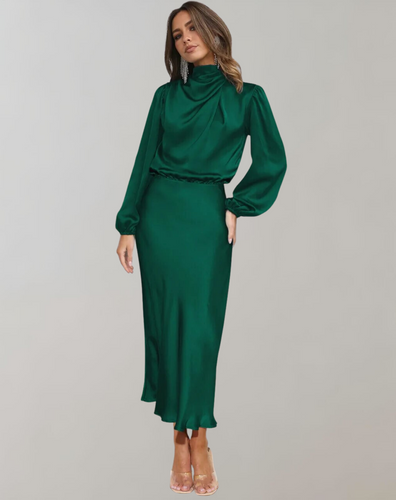 Amarae | Classic Satin Dress with High Collar and Long Sleeves for Women