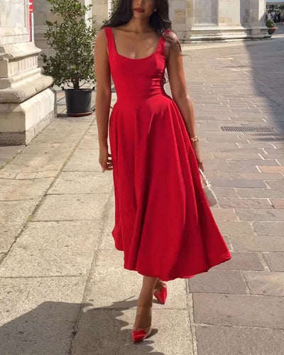 Amarae | Red Fitted Midi Dress with Straps