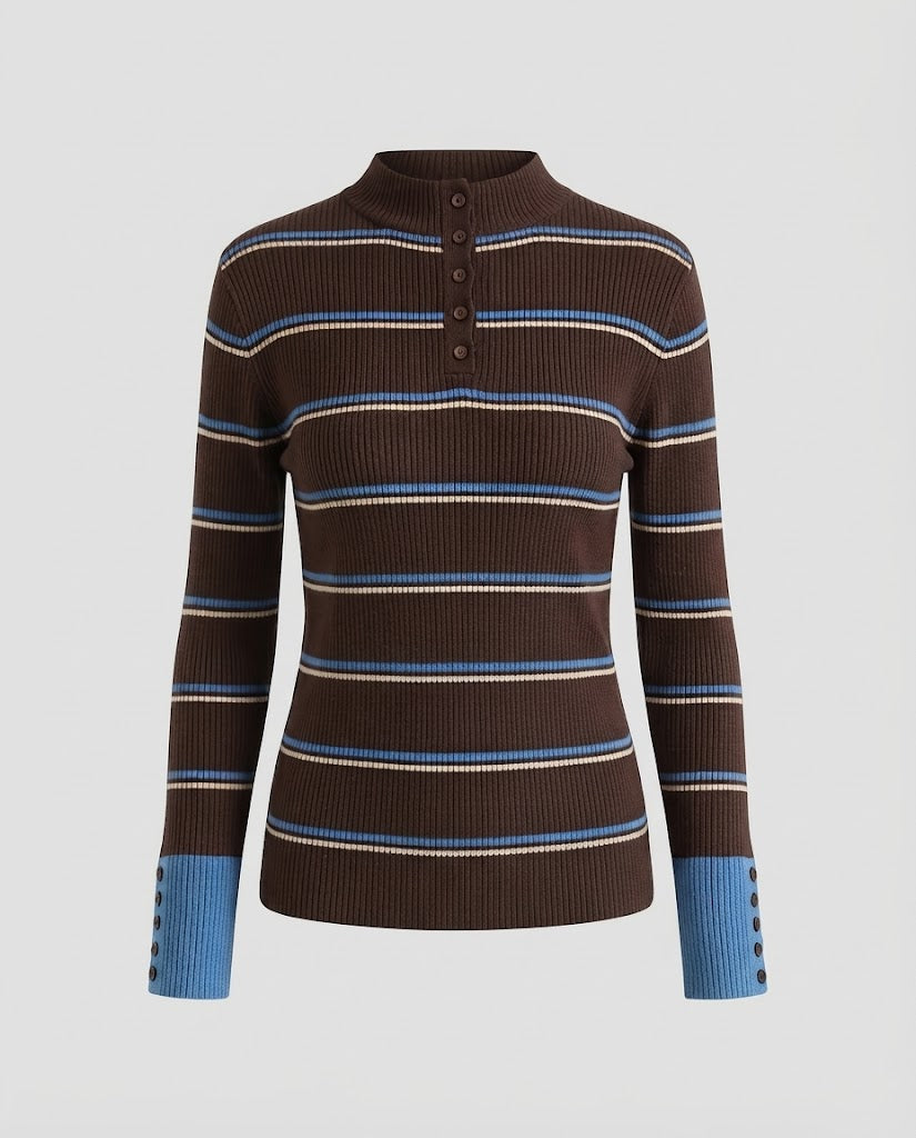 Women's Striped Ribbed Sweater with Stand-Up Collar, Button Placket, and Contrast Cuffs Amarae